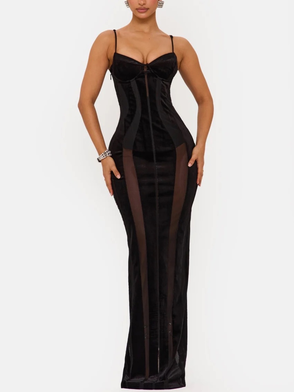 MURCI SCANDAL VELVET PANELLED MAXI DRESS IN BLACK